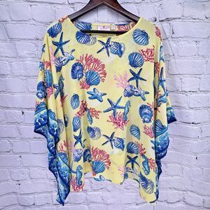 Quacker Factory Top L Yellow Pink Blue Seashell Starfish Coral Kimono Poncho